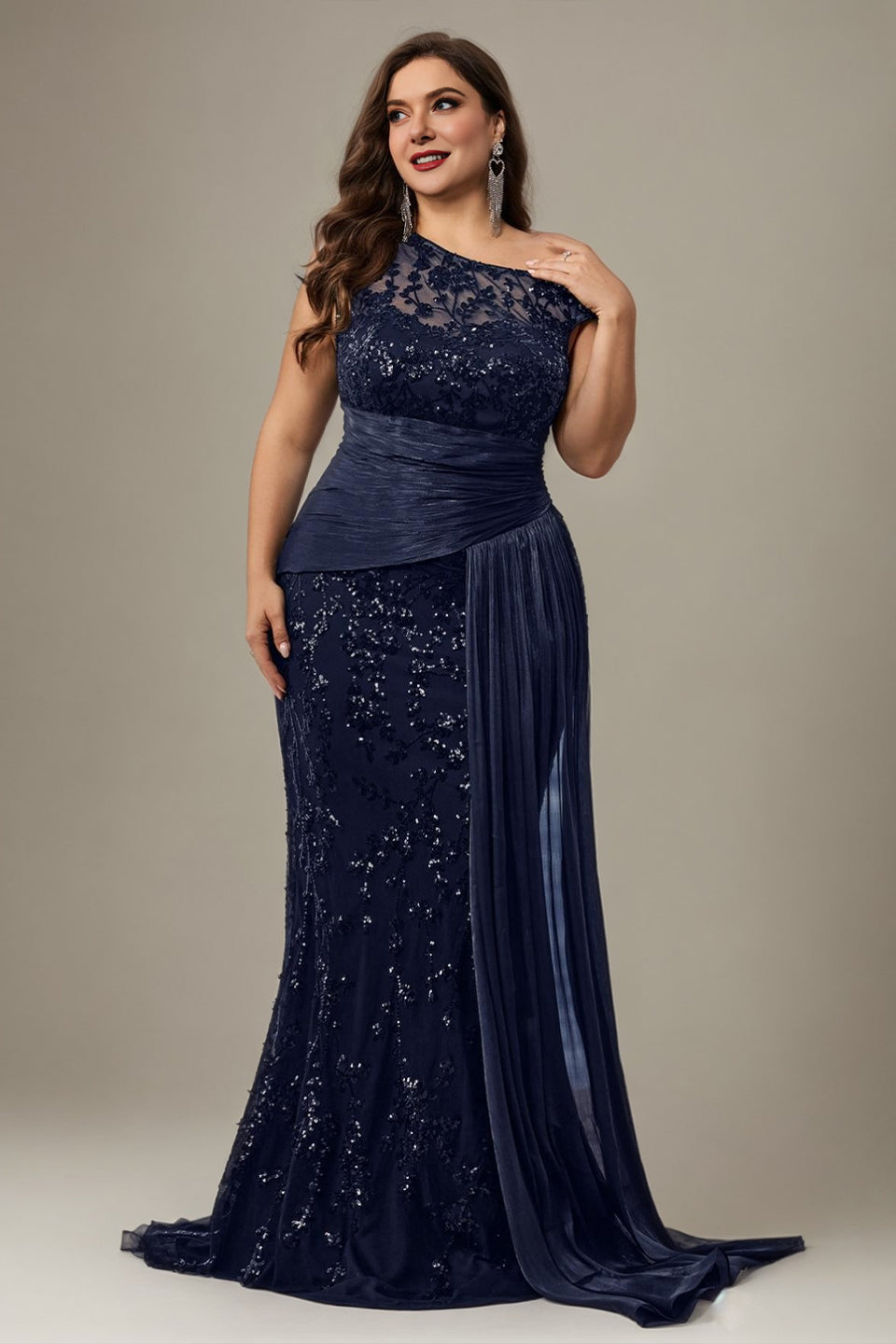 Curveins Plus Size One Shoulder Sleeveless Embroidered Sequin Patchwork Bodycon Maxi Dress