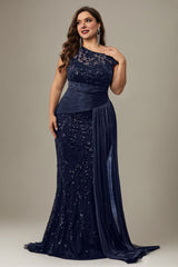 Curveins Plus Size One Shoulder Sleeveless Embroidered Sequin Patchwork Bodycon Maxi Dress