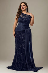 Curveins Plus Size One Shoulder Sleeveless Embroidered Sequin Patchwork Bodycon Maxi Dress