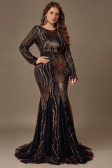 Curveins Plus Size Round Neck Long Sleeve Sequin Bodycon Maxi Dress