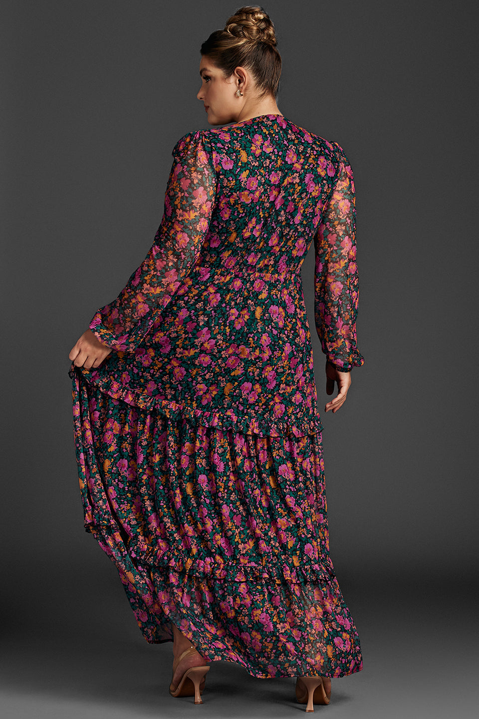 Curveins Plus Size Floral Print Lantern Sleeve Tiered Maxi Dress