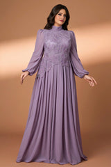 Curveins Plus Size High Collar Long Sleeve Beaded Floral Detail Elegant Maxi Dress