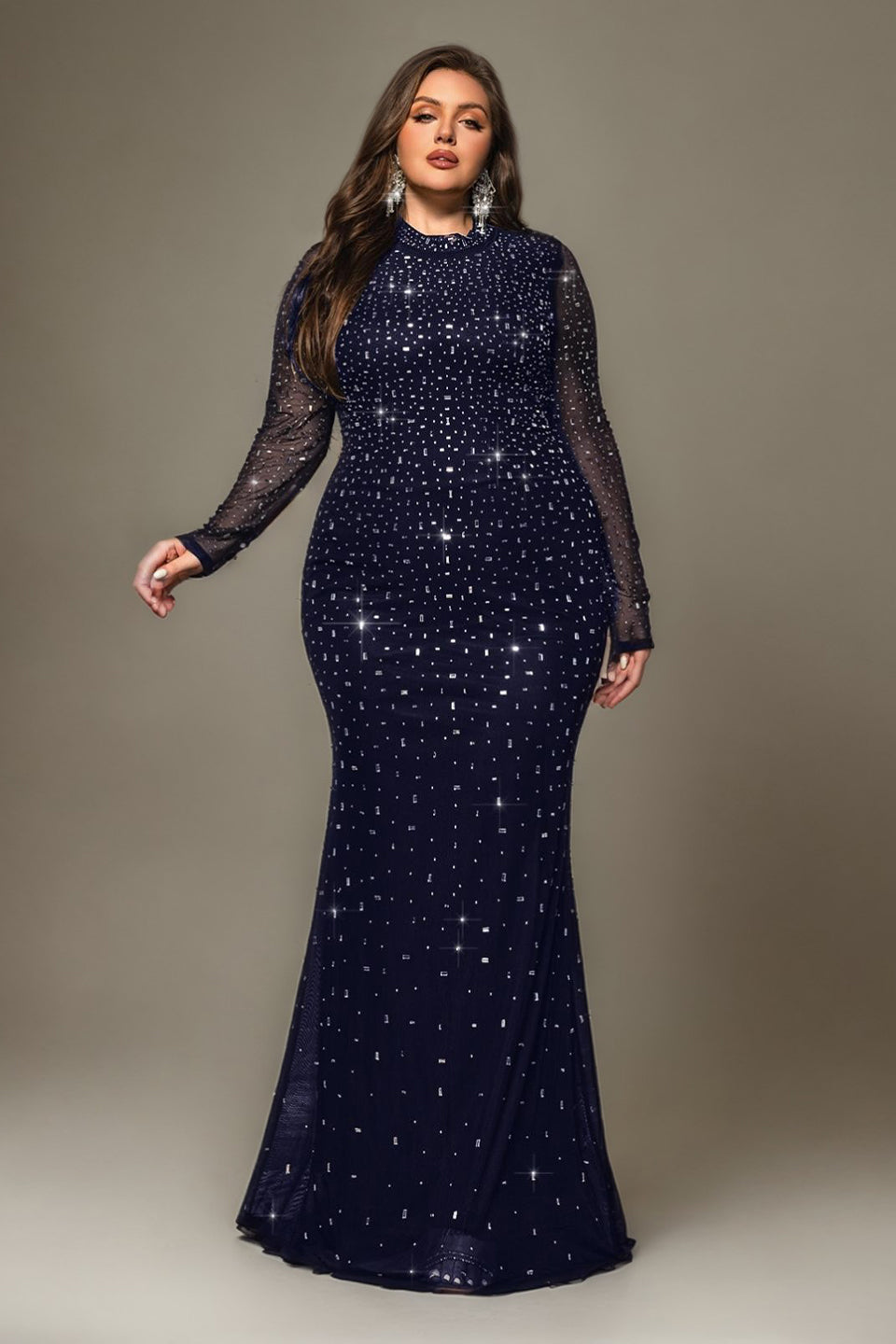 Curveins Plus Size Elegant Round Neck Sheer Sleeves Sequin-Hugging Long Dress