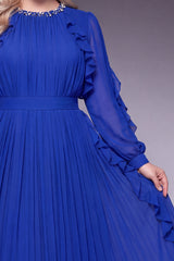 Curveins Plus Size Elegant Round Neck Long Sleeve Ruched Waist Slim Fit Evening Maxi Dress