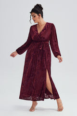 Curveins Plus Size Green Floral Velvet Wrap Maxi Dress