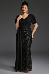 Curveins Plus Size V-Neck Sequin Patchwork Pattern Maxi Dress