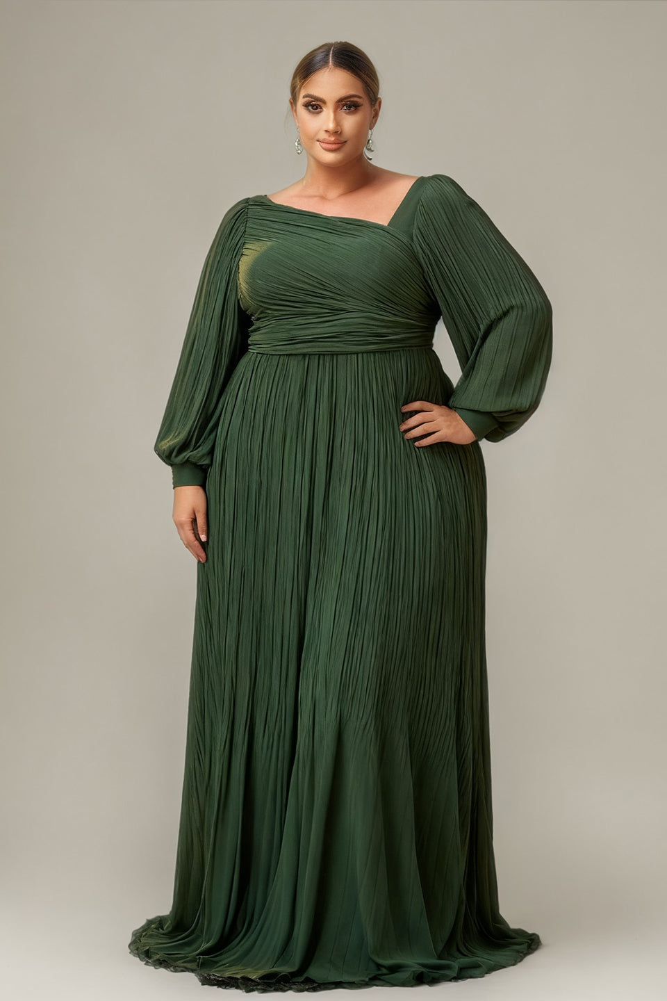 Curveins Plus Size Cross Neck Lantern Sleeve Waist Slim Maxi Dress