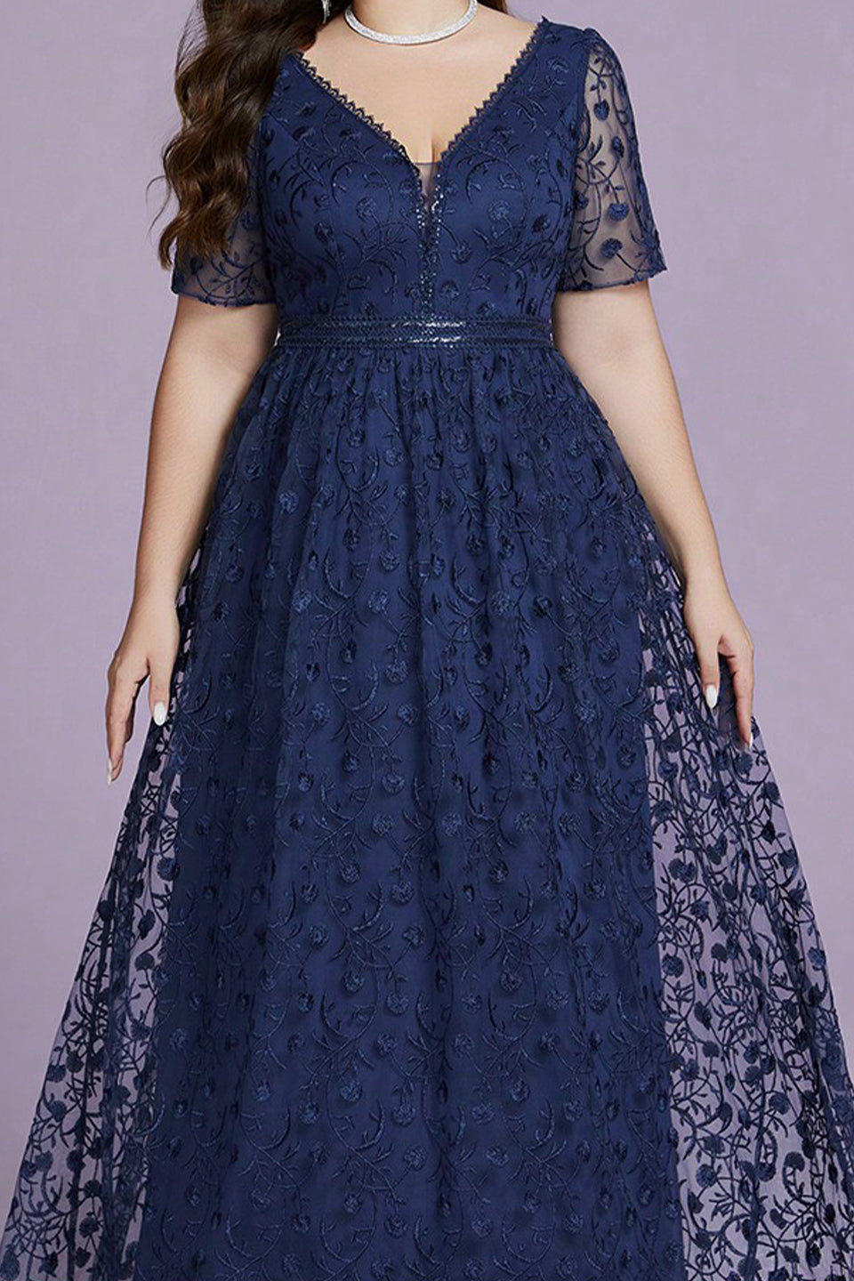 Curveins Plus Size Elegant V-Neck Embroidered Short-Sleeve Slimming Maxi Dress