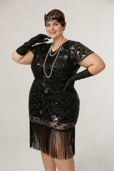 Curveins 1920s Black Ruby Plus Size Retro Sequin Evening Flapper Midi Dress