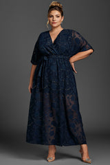 Curveins Plus Size Ruffle Sleeve Knot Side Split Hem Mesh Maxi Dress