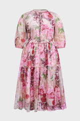 Curveins Plus Size Round Neck Floral Wrap Waist Tiered Maxi Dress