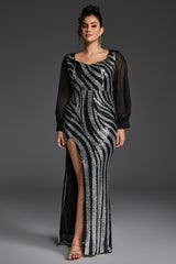 Curveins Plus Size V-Neck Sheer Sleeve Striped Sequin Bodycon Maxi Dress With Slit