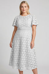 Curveins Plus Size Lace Hollow Detail Round Neck Short Sleeve Waist Defining Midi Dress