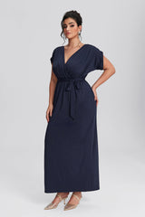 Curveins Plus Size Elastic Waist Shirred V-Neck Wrap Maxi Dress