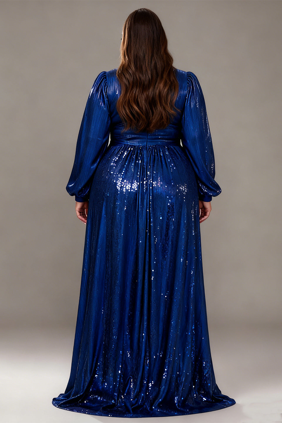 Curveins Plus Size V-Neck Long Lantern Sleeves Classic Evening Maxi Dress