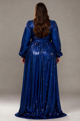 Curveins Plus Size V-Neck Long Lantern Sleeves Classic Evening Maxi Dress