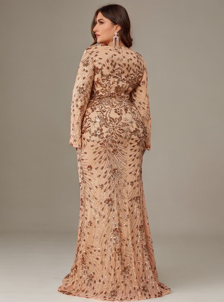Curveins Plus Size V-Neck Long Sleeves Sequin Floral Bodycon Maxi Dress