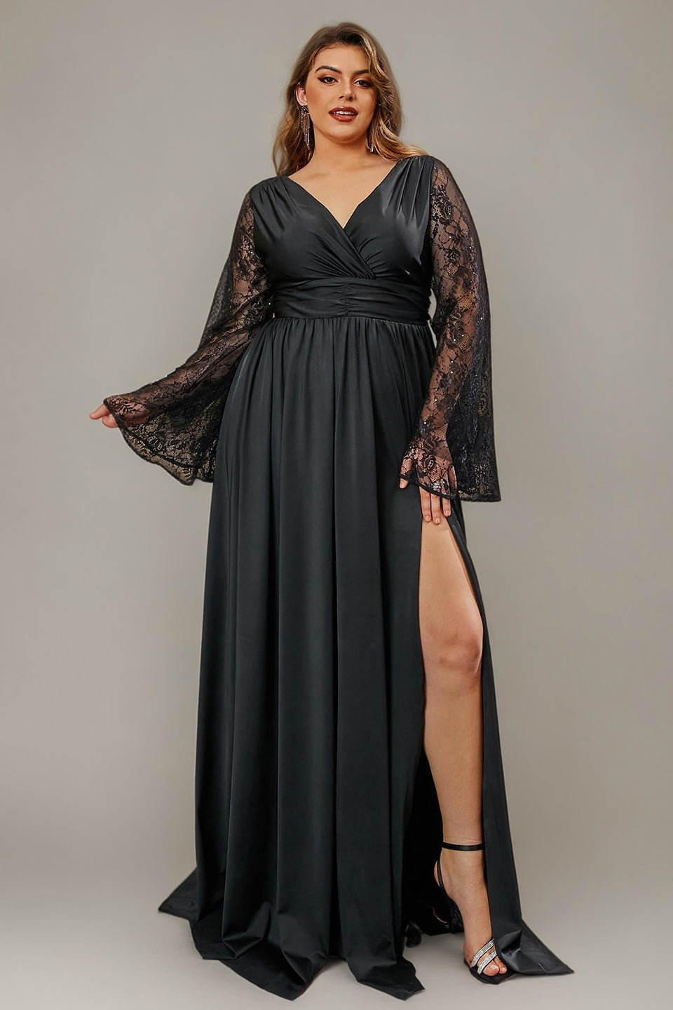 Curveins Plus Size Romantic Lace V Neck Flared Sleeve Slim Waist Split Hem Maxi Dress