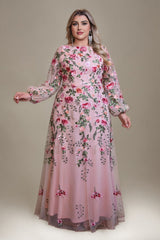Curveins Plus Size Elegant Round Neck Long Sleeve Mesh Embroidery Maxi Dress