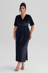 Curveins Plus Size Elegant Velvet V-Neck Shirred Maxi Dress in navy, featuring a luxurious velvet finish and a flattering silhouette.