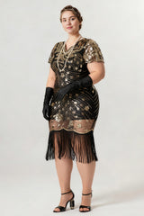 Curveins 1920s Black Ruby Plus Size Retro Sequin Evening Flapper Midi Dress