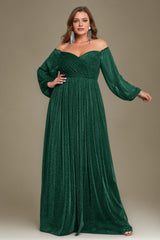 Curveins Plus Size Elegant Off-Shoulder Long Sleeve Minimal Maxi Dress