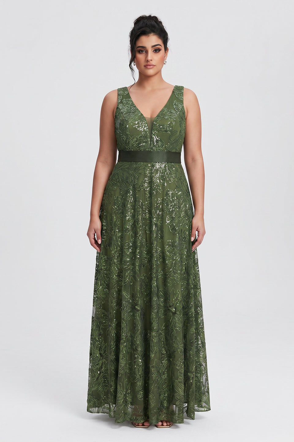 Curveins Plus Size Sleeveless Sequin Ruched Waist Elegant Sparkly Evening Maxi Dress