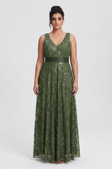 Curveins Plus Size Sleeveless Sequin Ruched Waist Elegant Sparkly Evening Maxi Dress