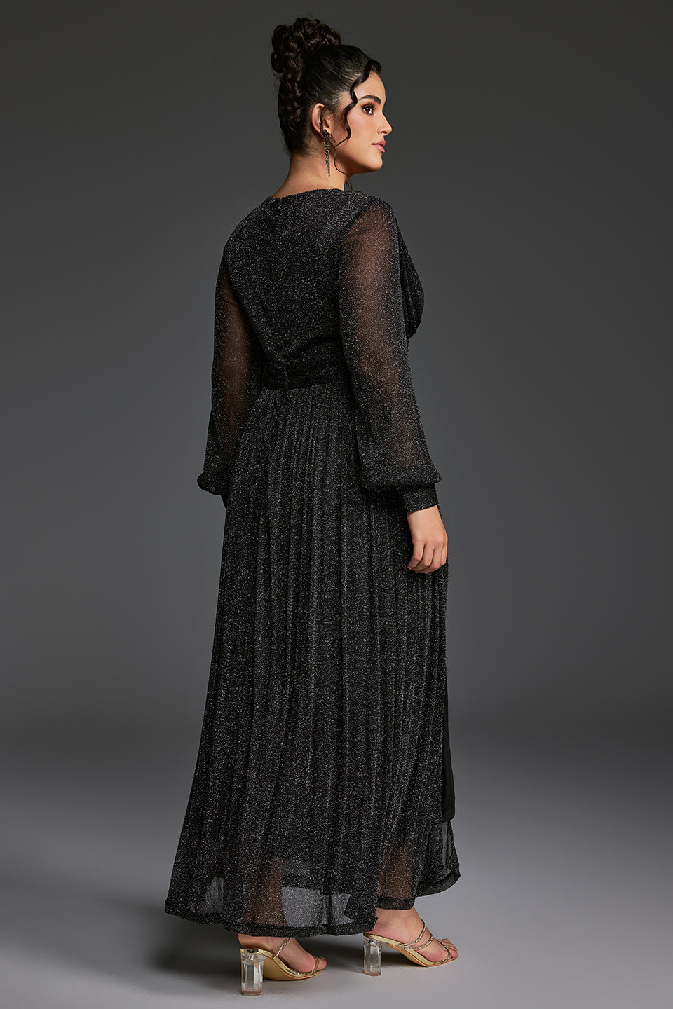Curveins Plus Size V-Neck Lantern Sleeve Slit Hem Maxi Dress