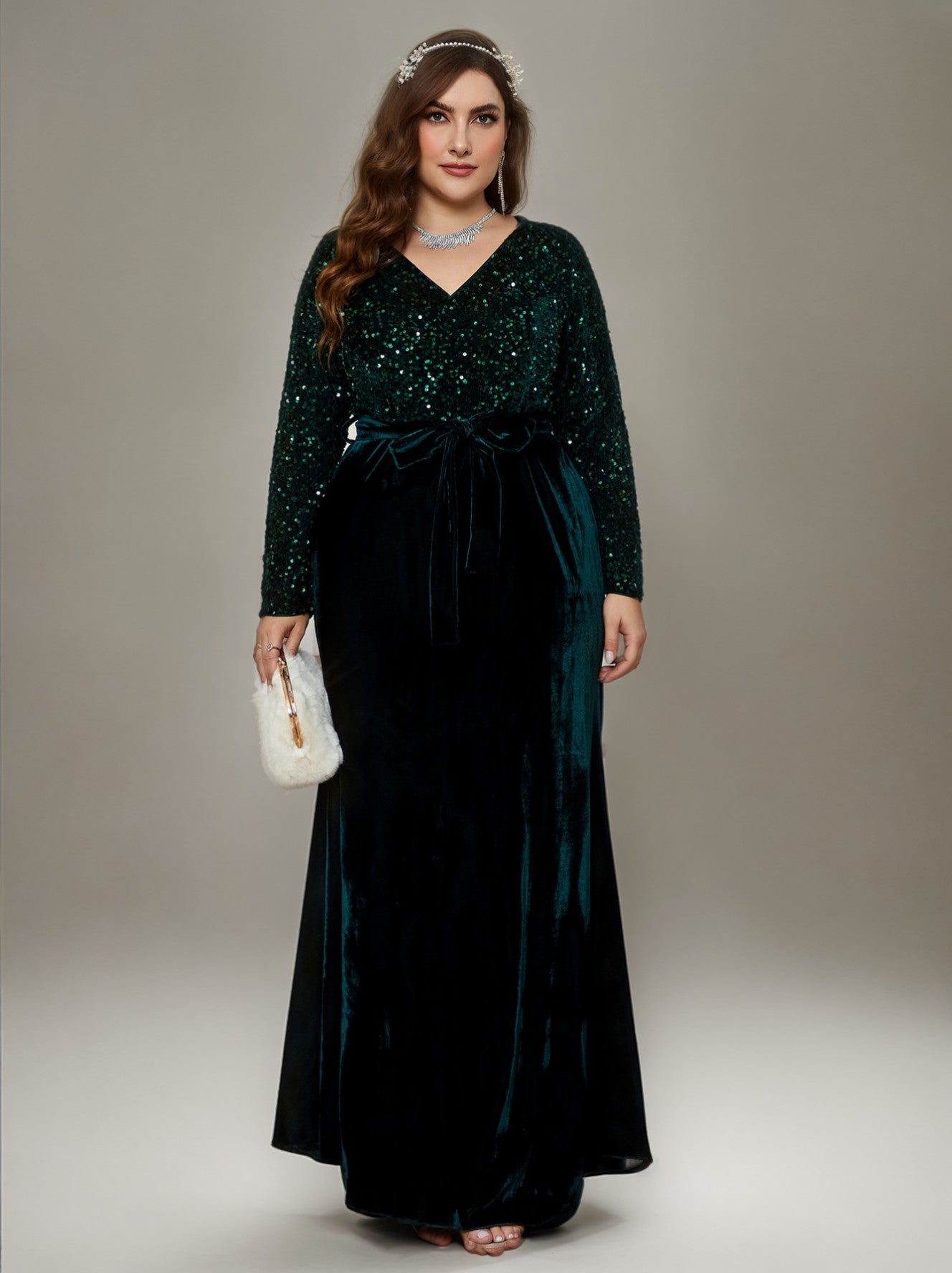 Curveins Plus Size V-Neck Sequin Velvet Patchwork Maxi Dress