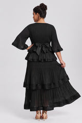 Curveins Plus Size Crew Neck Long Sleeve Ruffle Tiered Skirt Set