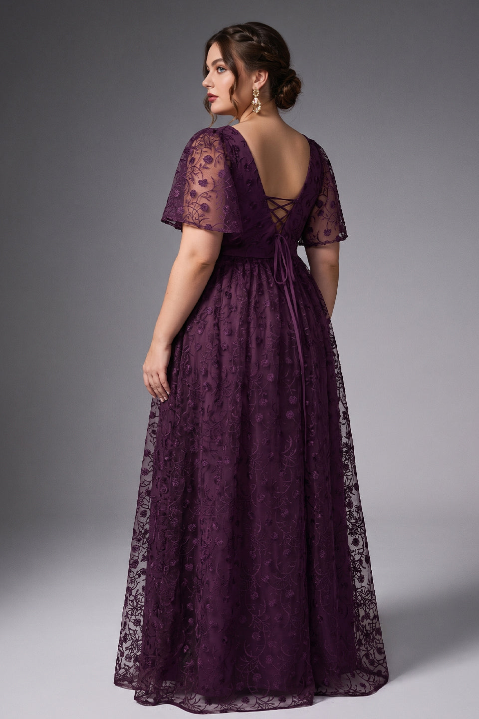 Curveins Plus Size Crew Neck Batwing Sleeve Floral Cinched Waist Elegant Maxi Dress