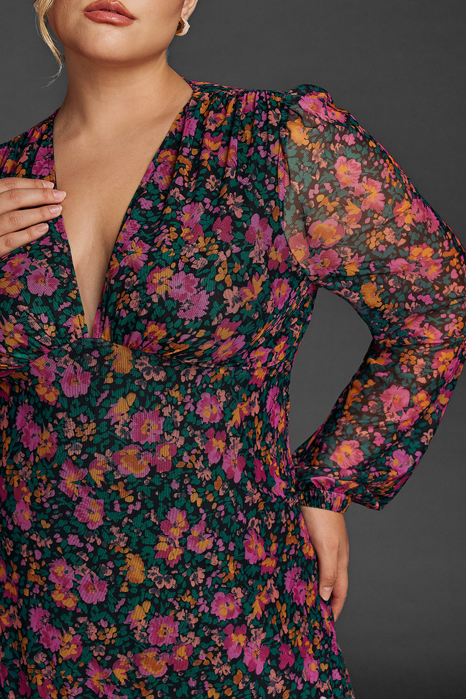 Curveins Plus Size Floral Print Lantern Sleeve Tiered Maxi Dress