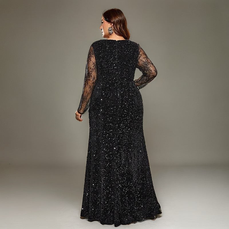 Curveins Plus Size Long Sleeves Side Slit Sequin Mermaid Maxi Dress