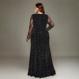 Curveins Plus Size Long Sleeves Side Slit Sequin Mermaid Maxi Dress
