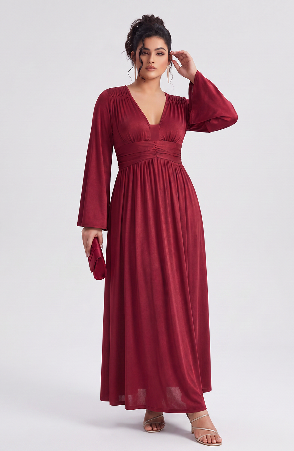 Curveins Plus Size Solid Color Long Sleeve V Neck Ruched Waist Elegant Maxi Dress