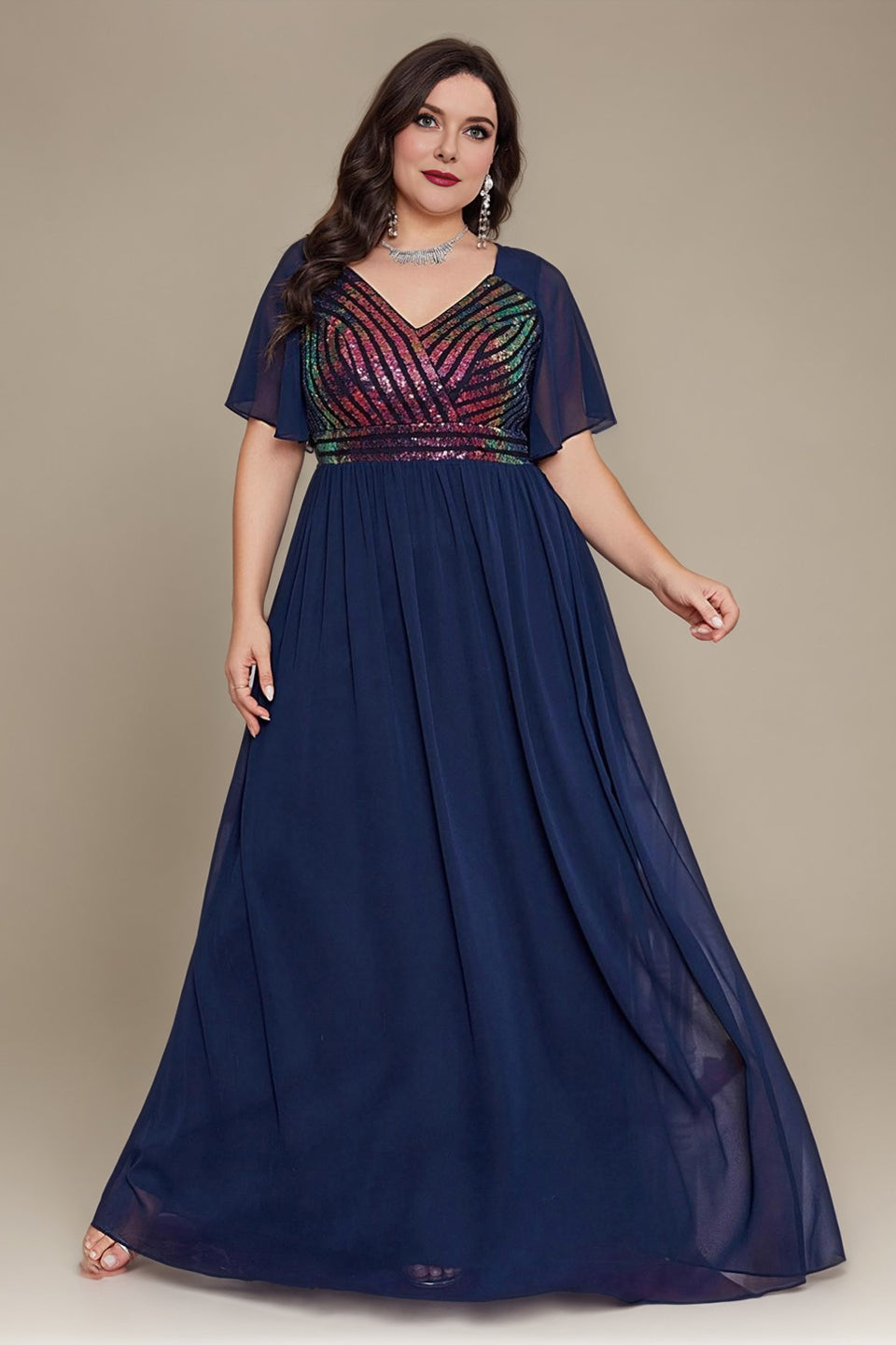 Curveins Plus Size V-Neck Batwing Sleeve Waist-Defined Sequin Patchwork Dress