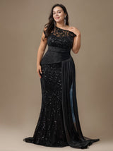 Curveins Plus Size One Shoulder Sleeveless Embroidered Sequin Patchwork Bodycon Maxi Dress