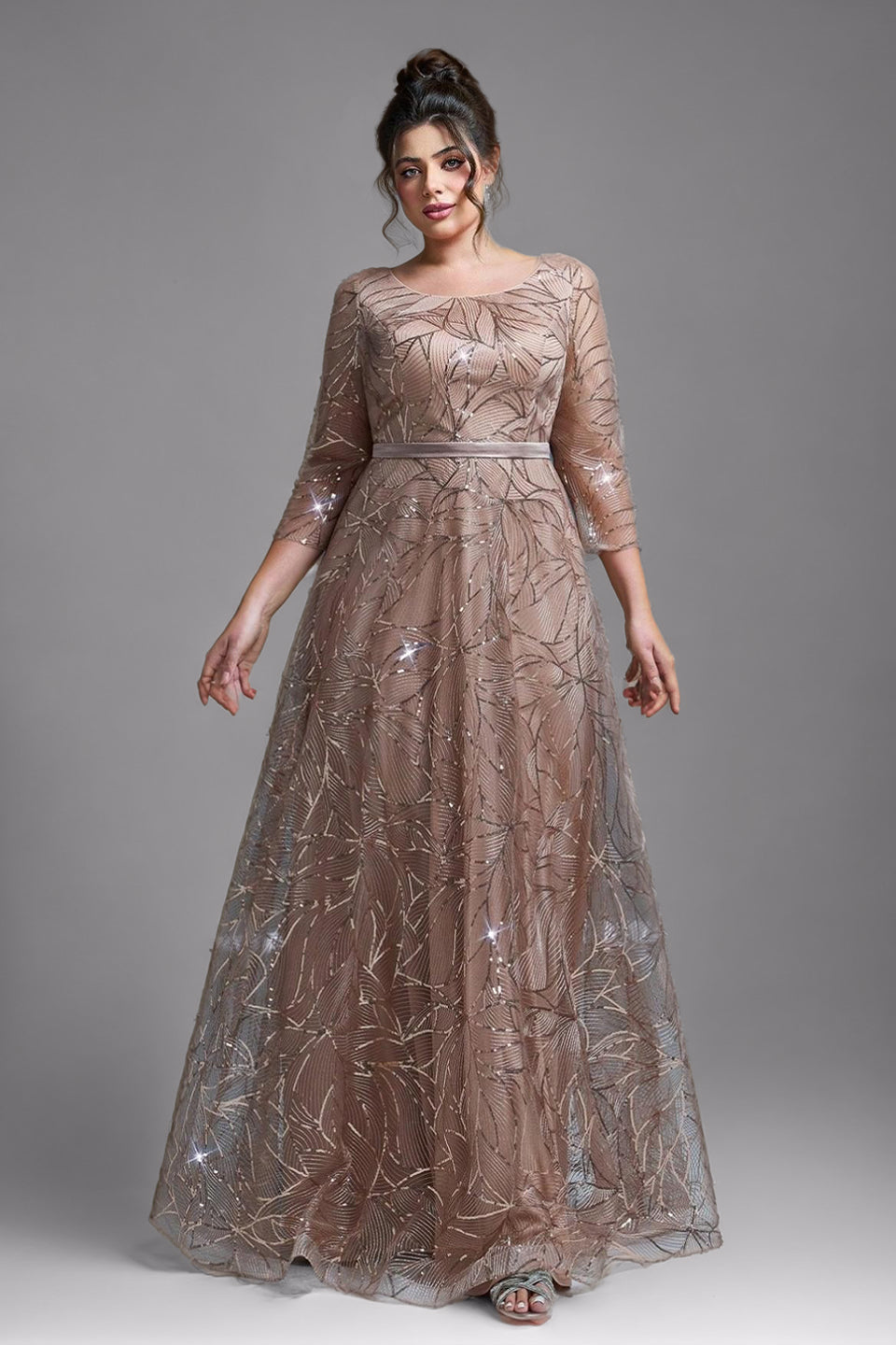 Curveins Plus Size Elegant Round Neck Sequin Floral Waist-Fit Maxi Dress