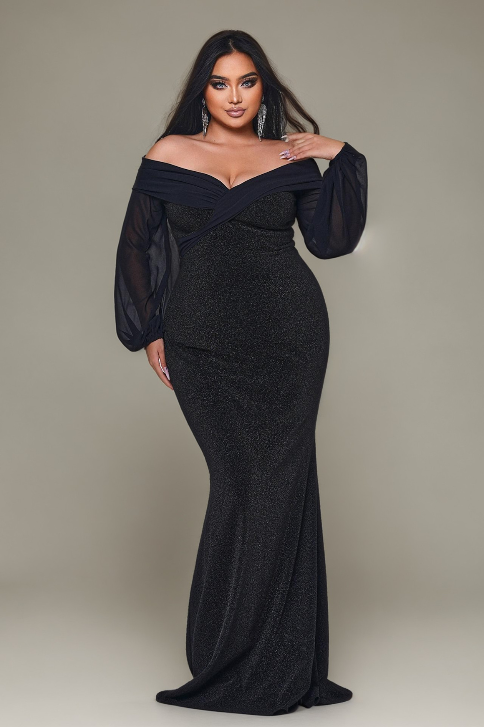 Curveins Plus Size Off Shoulder V Neck Bodycon Mermaid Maxi Dress