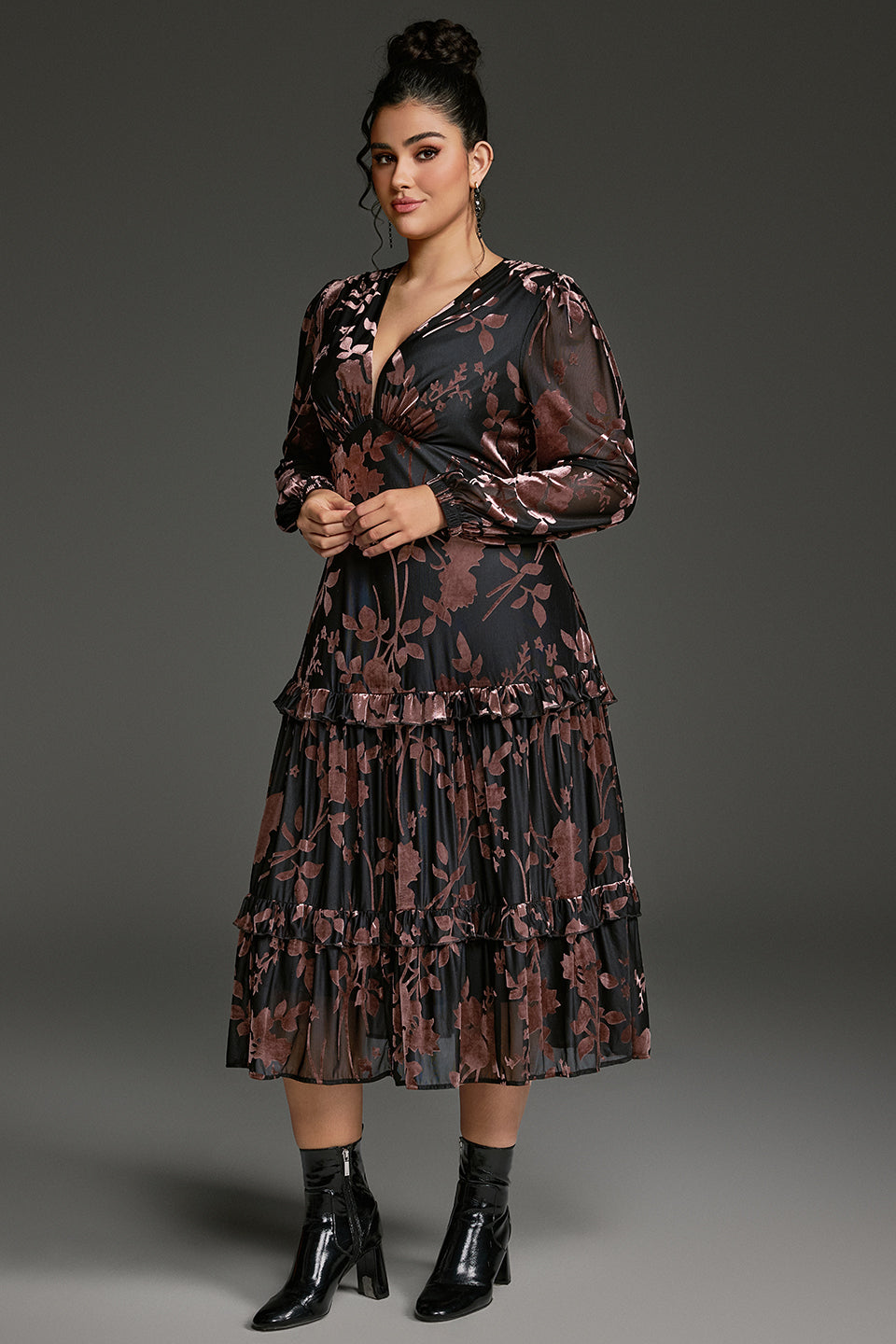 Curveins Plus Size Velvet V-Neck Lantern Sleeve Tiered Midi Dress