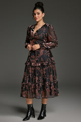 Curveins Plus Size Velvet V-Neck Lantern Sleeve Tiered Maxi Dress