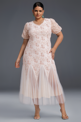 Curveins Plus Size V-Neck Embroidered Tiered Ruffle Maxi Dress