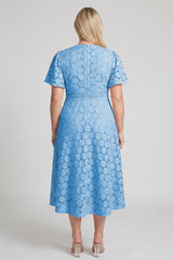 Curveins Plus Size Lace Hollow Detail Round Neck Short Sleeve Waist Defining Midi Dress