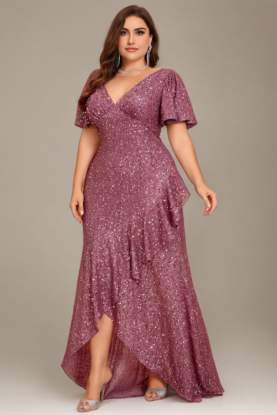 Curveins Plus Size V-Neck Short Sleeve Sequin Ruffle Slit Evening Gown