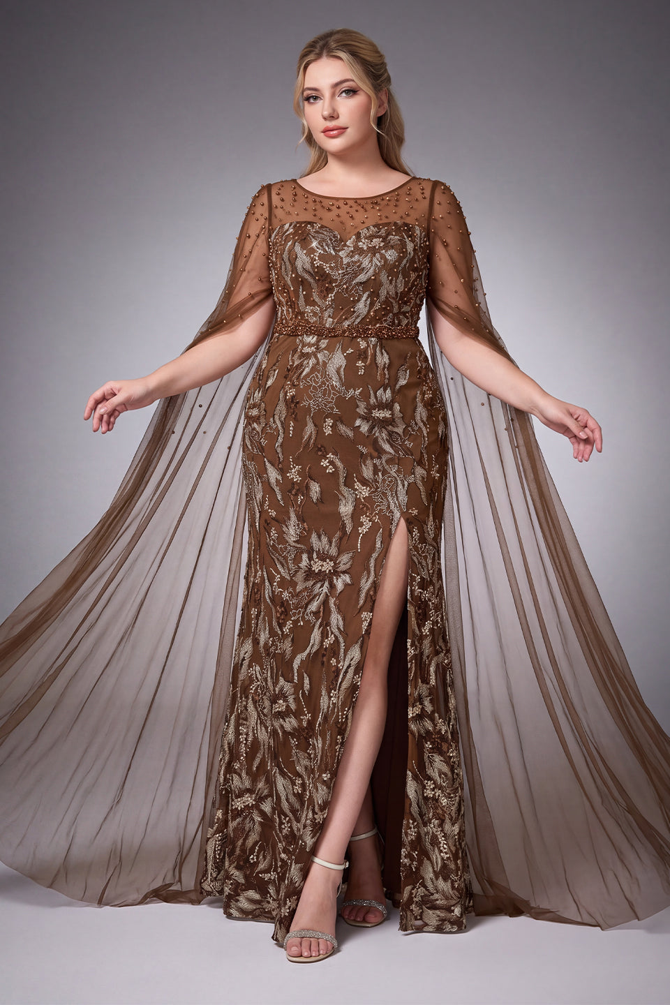 Curveins Plus Size Elegant Round Neck Sequin Floral Pattern Long Sleeve Split Maxi Dress