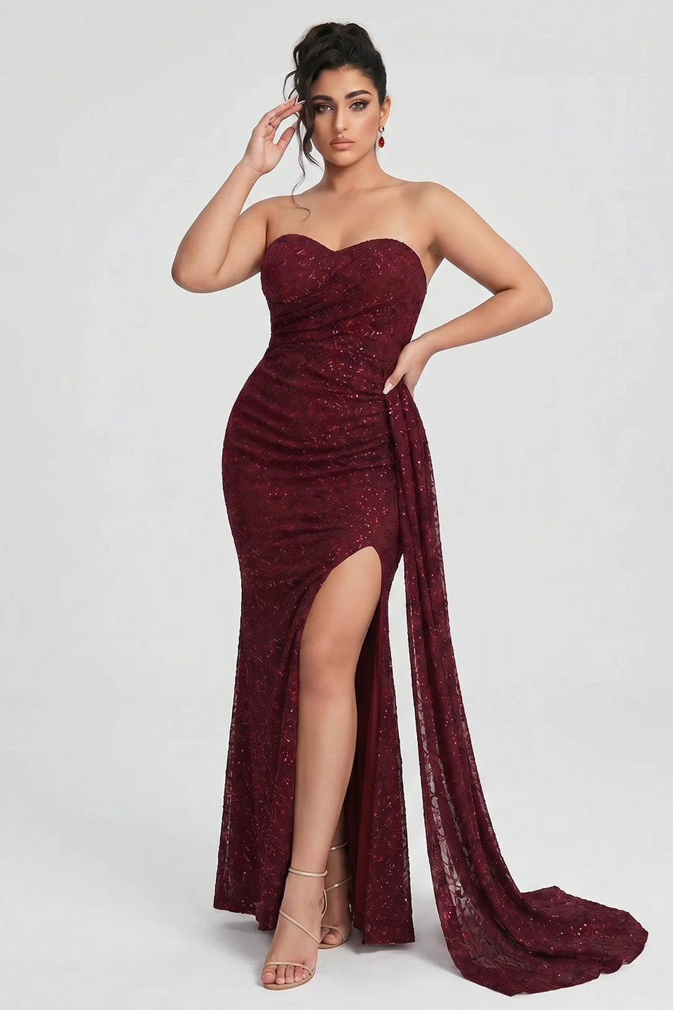 Curveins Plus Size Strapless Sequin Side Sash High Slit Elegant Maxi Dress
