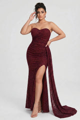 Curveins Plus Size Strapless Sequin Side Sash High Slit Elegant Maxi Dress