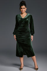 Curveins Plus Size V-Neck Long Sleeves Side Slit Bodycon Maxi Dress