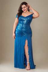 Curveins Plus Size Off-Shoulder Sequin Patchwork Maxi Dress with Side Slit